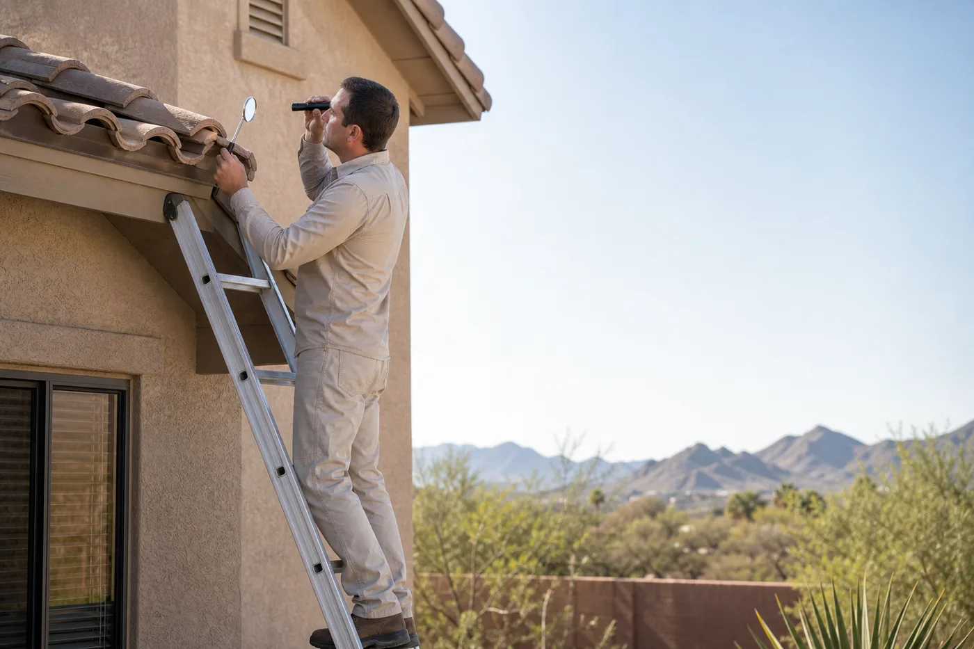 An independent wildlife inspector checking a tile-roof edge on a Goodyear home