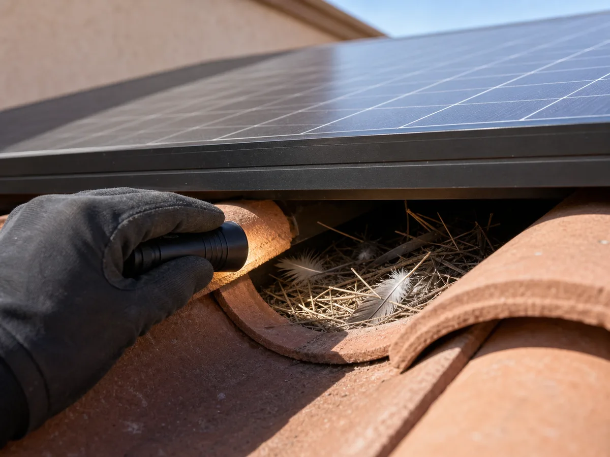 A flashlight revealing pigeon nesting material beneath a solar panel on a tile roof